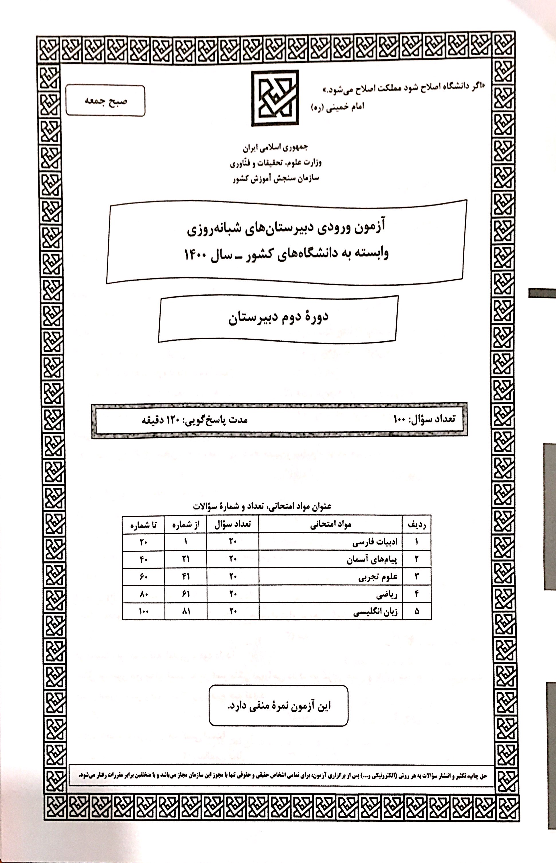 سوالات آزمون ورودی دبیرستان دانشگاه شهرستان زابل سال تحصیلی1400
